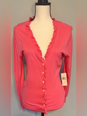 NWT Ralph Lauren Women’s Pink Ruffled V-Neck Button Cardigan Sz. Small